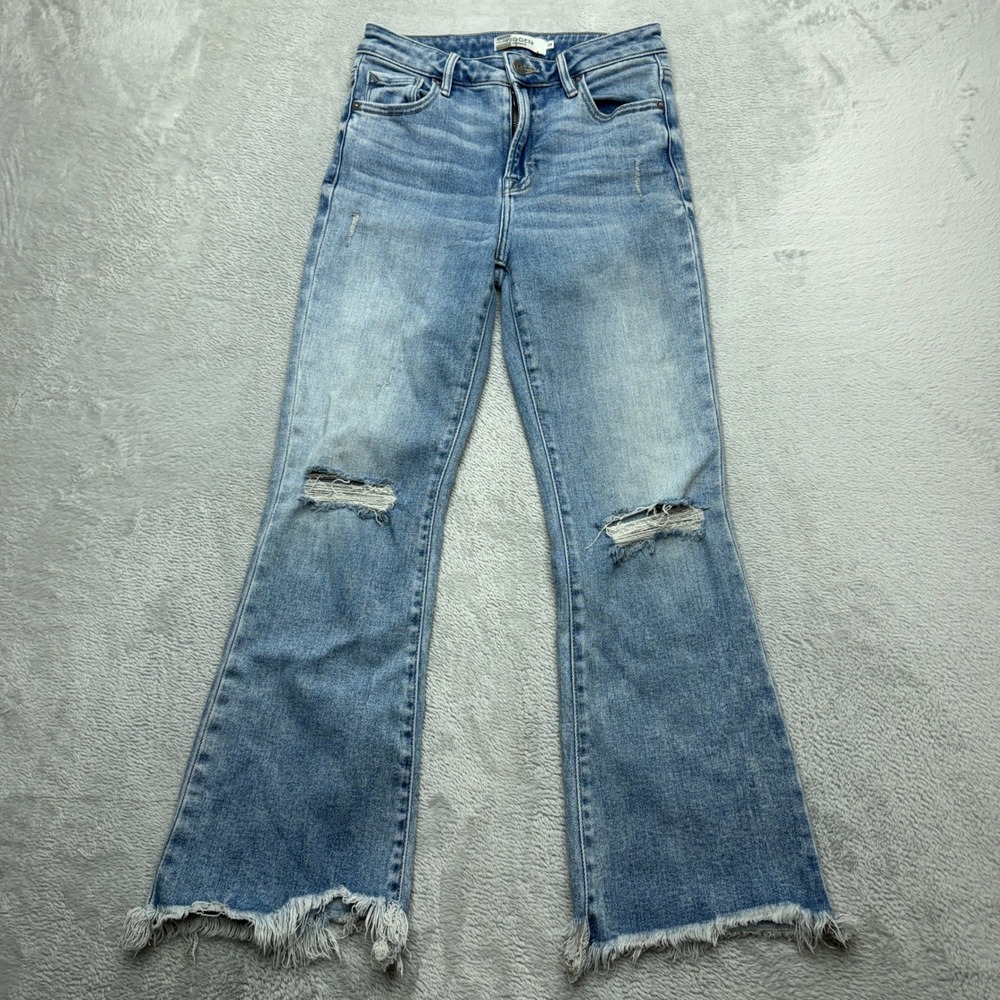Hidden Jeans Distressed Flare Jeans Womens 25 Light Wash Raw Hem Frayed Denim